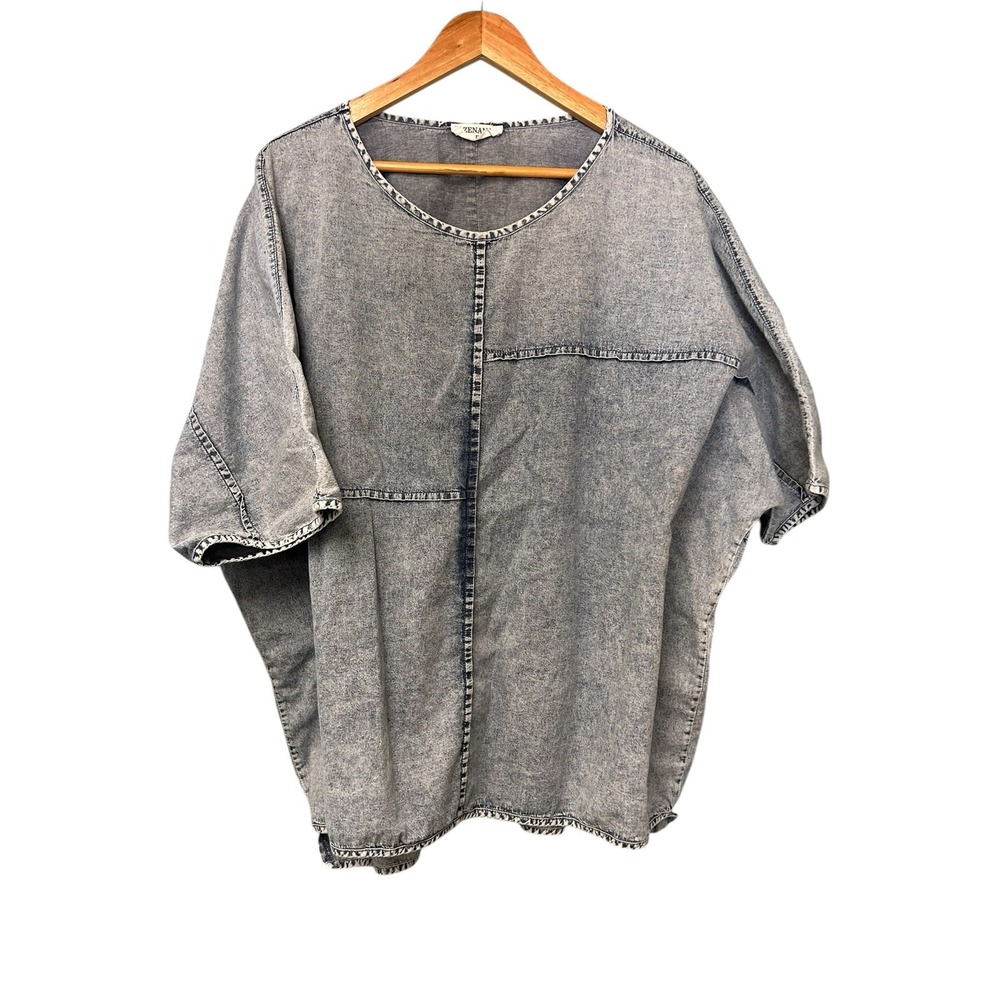 Zenana 1X Boutique Style Chambray Denim Look‎ Dolman Sleeve Hi-Low Blouse - Picture 2 of 11